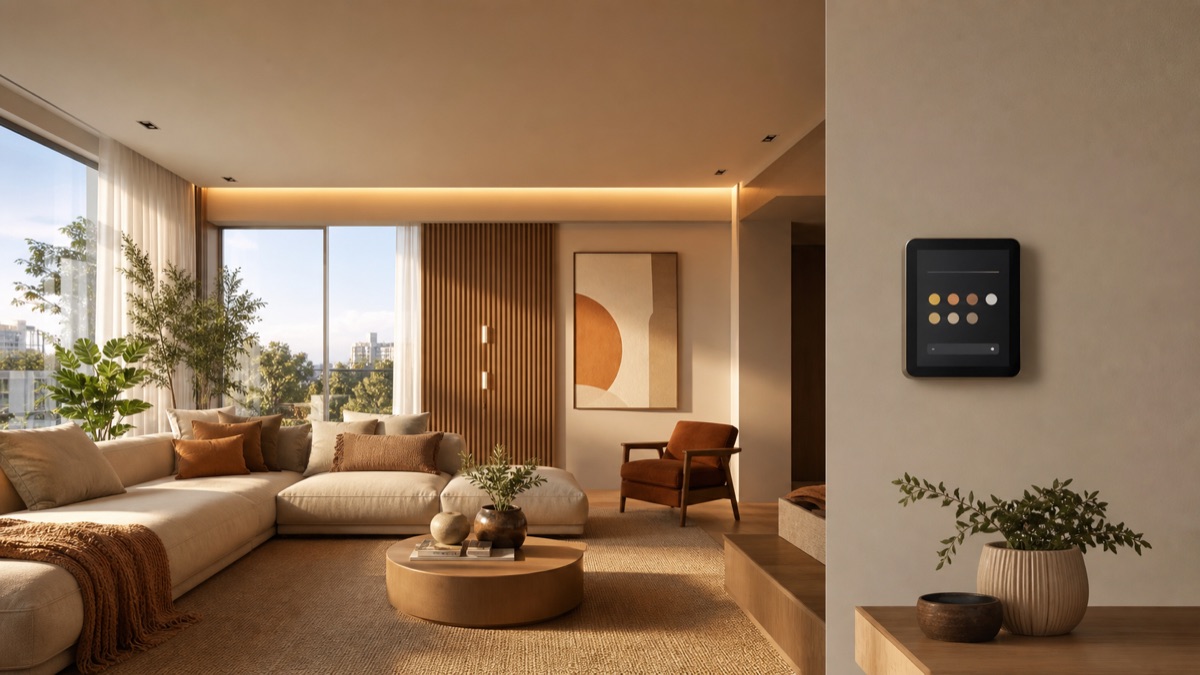 Sala com iluminação e painel de automação residencial.