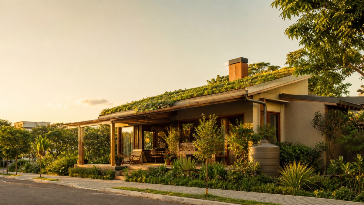 Casa sustentável com telhado verde e cisterna em bairro arborizado.