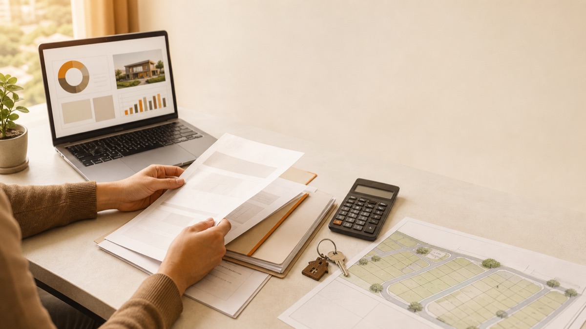 Pessoa organiza documentos, notebook e calculadora para comprovar renda no financiamento.