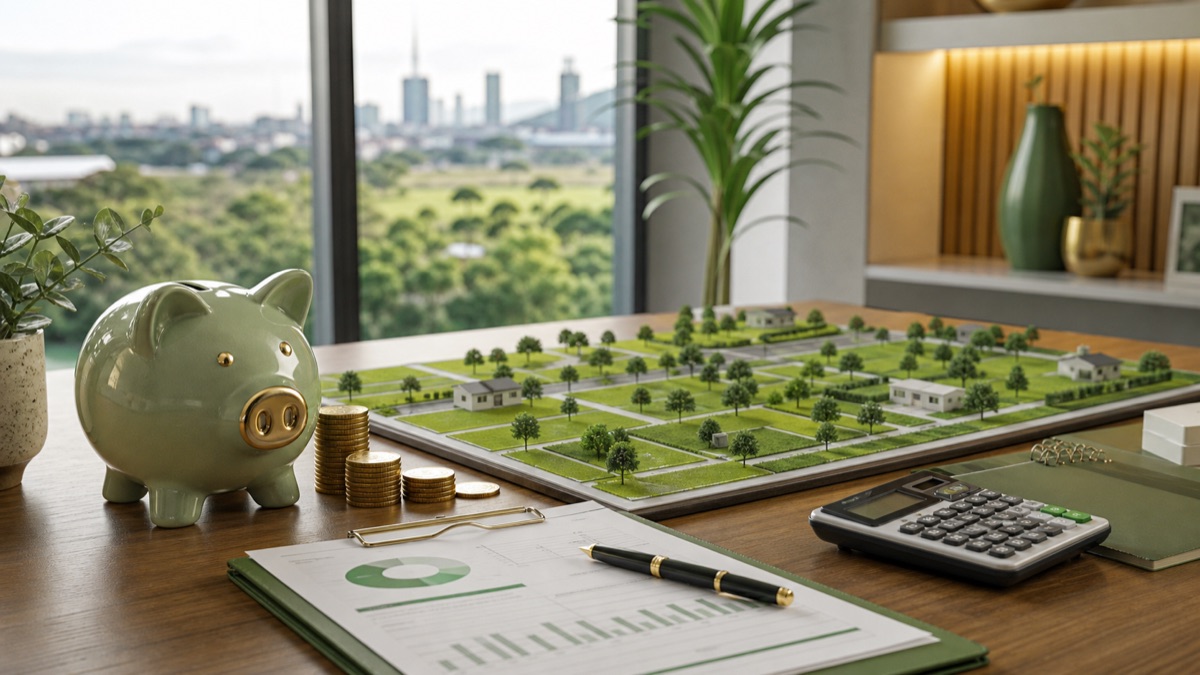 Cofrinho e maquete de bairro planejado representando consórcio imobiliário.