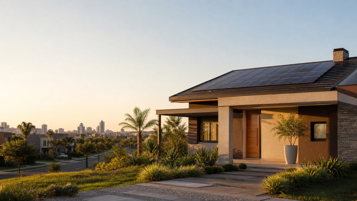 Casa com painéis solares no telhado em bairro arborizado de Canoas.