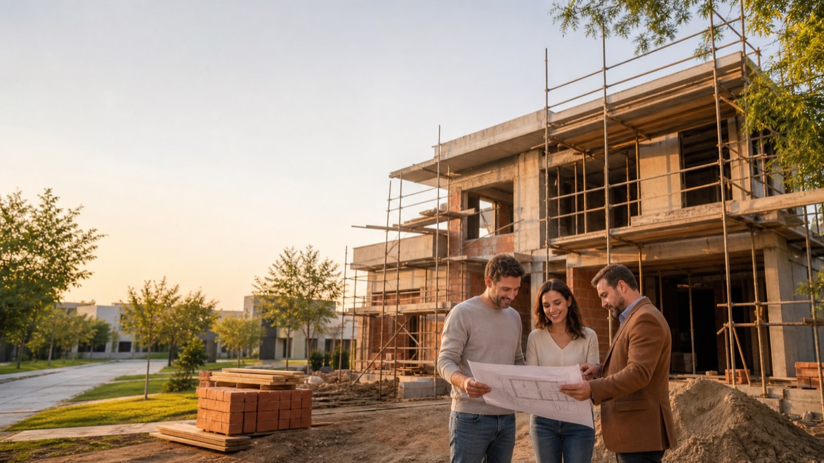 Casa em construção em bairro planejado de Canoas com casal e arquiteto.