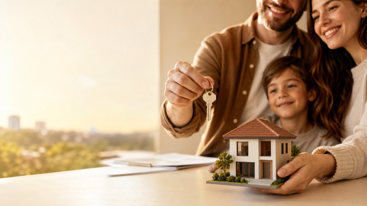 Família com chave e maquete de casa planejando o financiamento do terreno.