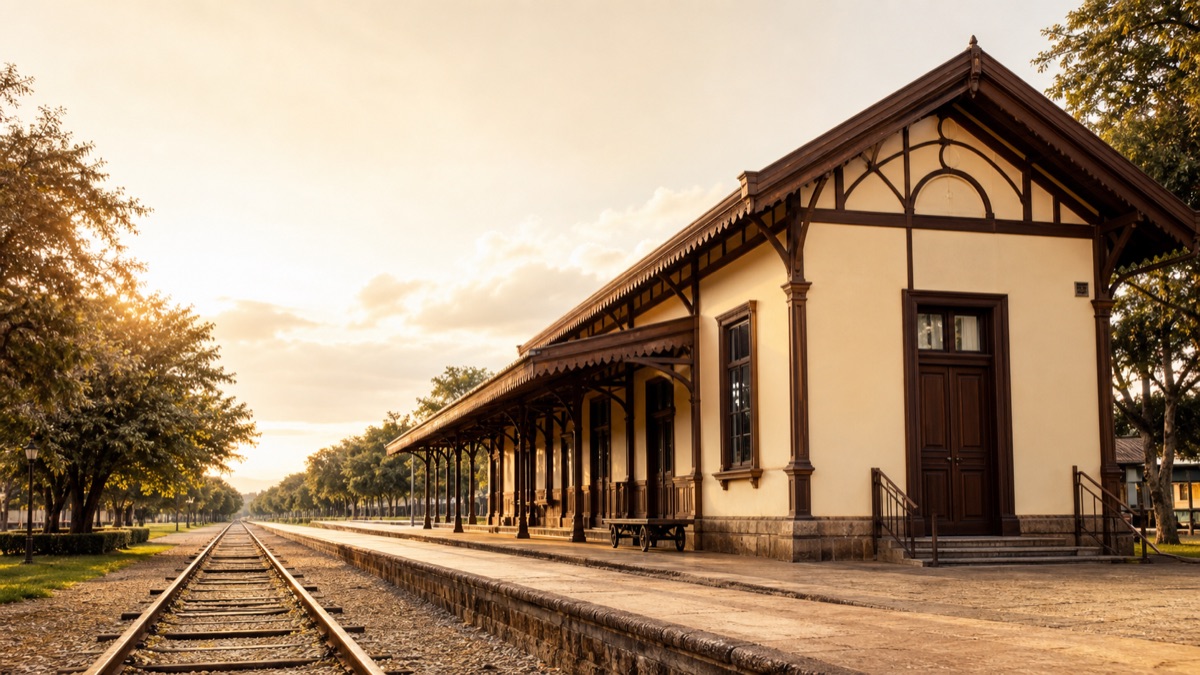 Estação ferroviária histórica com trilhos e árvores em tom nostálgico.