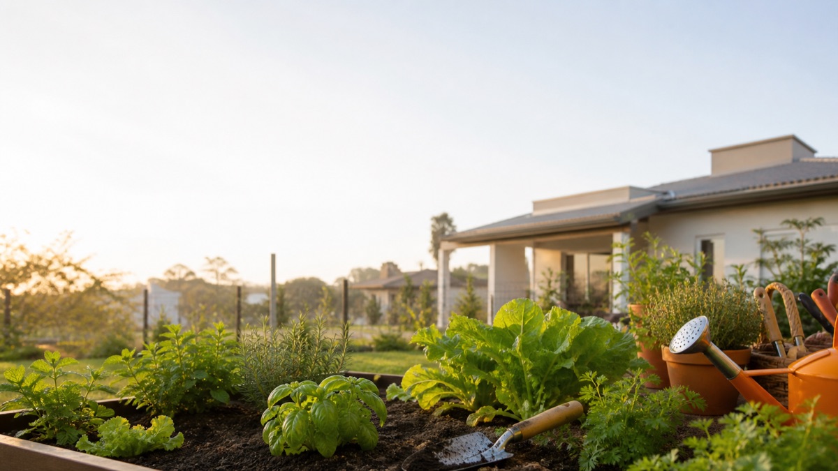 Horta no quintal com temperos e casa contemporânea ao fundo.