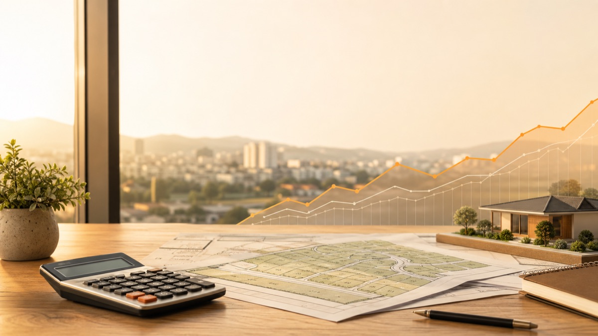 Mesa com calculadora, plantas de terreno e gráfico sóbrio representando índices de correção.
