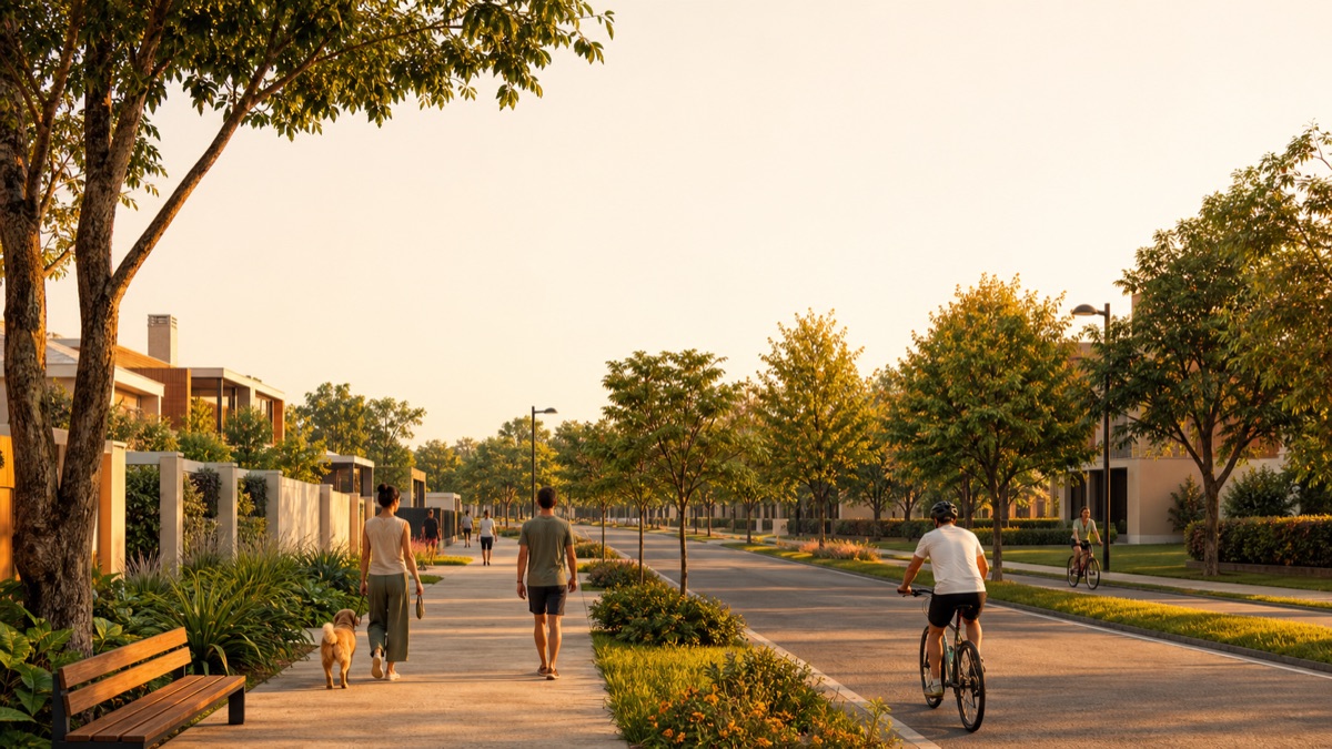 Pessoas caminham e pedalam em rua arborizada de bairro residencial planejado.