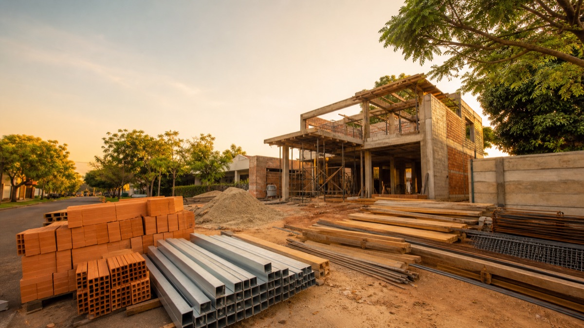 Materiais de construção em obra residencial organizada.
