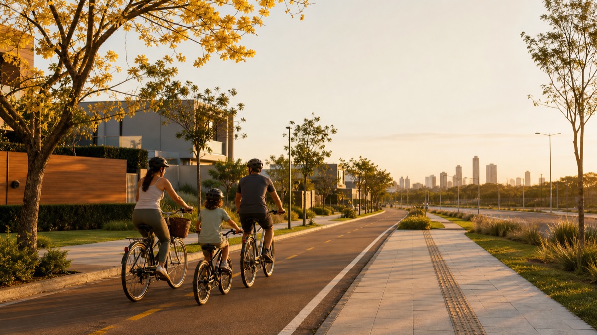 Família pedala em ciclovia arborizada de bairro planejado em Canoas.