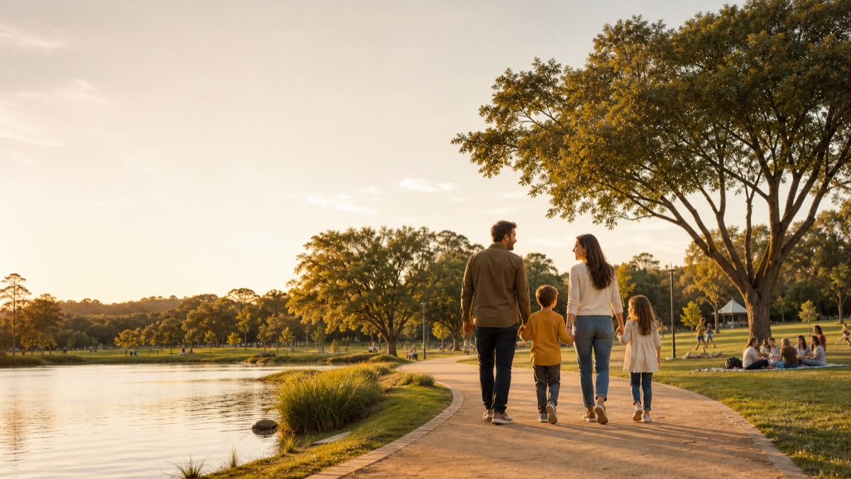 Família caminha em parque urbano arborizado com lago no fim de tarde.
