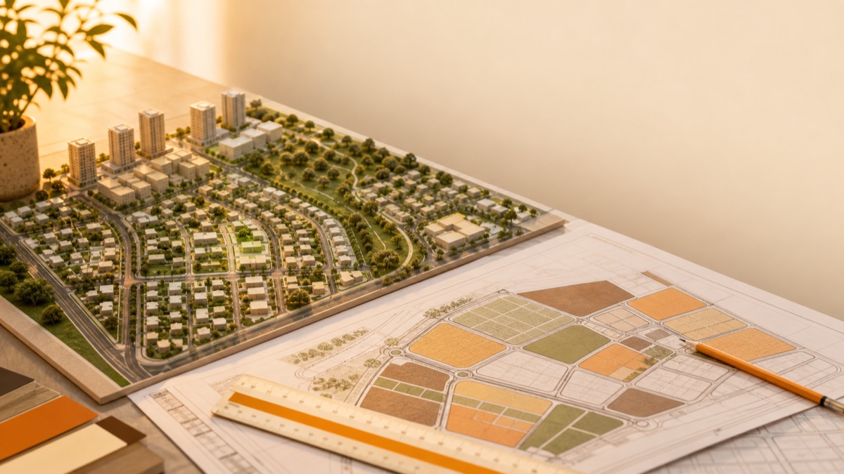 Maquete e planta de bairro planejado representando plano diretor e zoneamento.