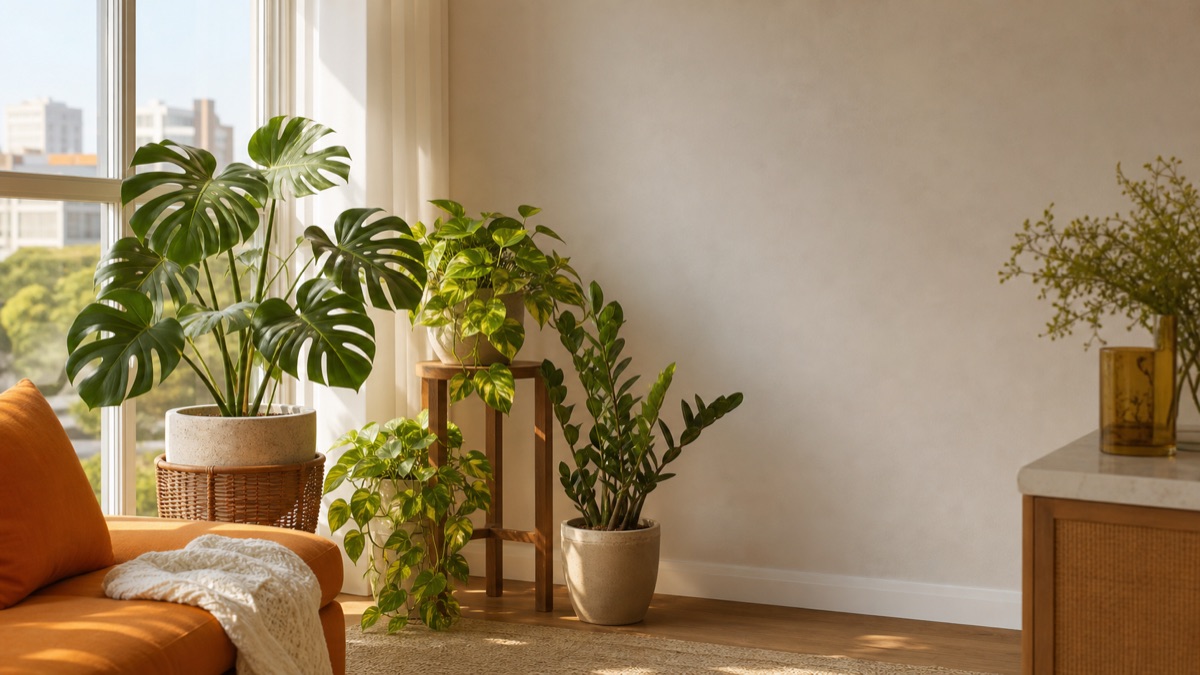 Ambiente interno decorado com plantas junto à janela ampla.