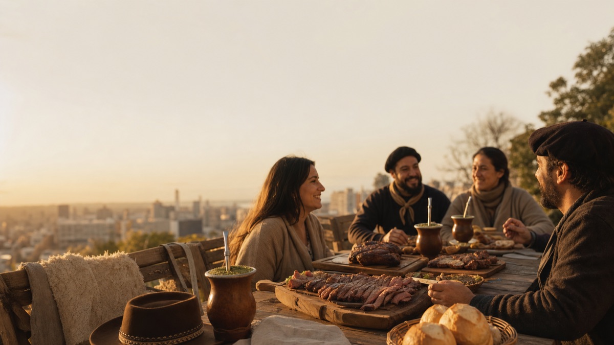 Mesa ao ar livre com churrasco gaúcho, chimarrão e pães em confraternização.