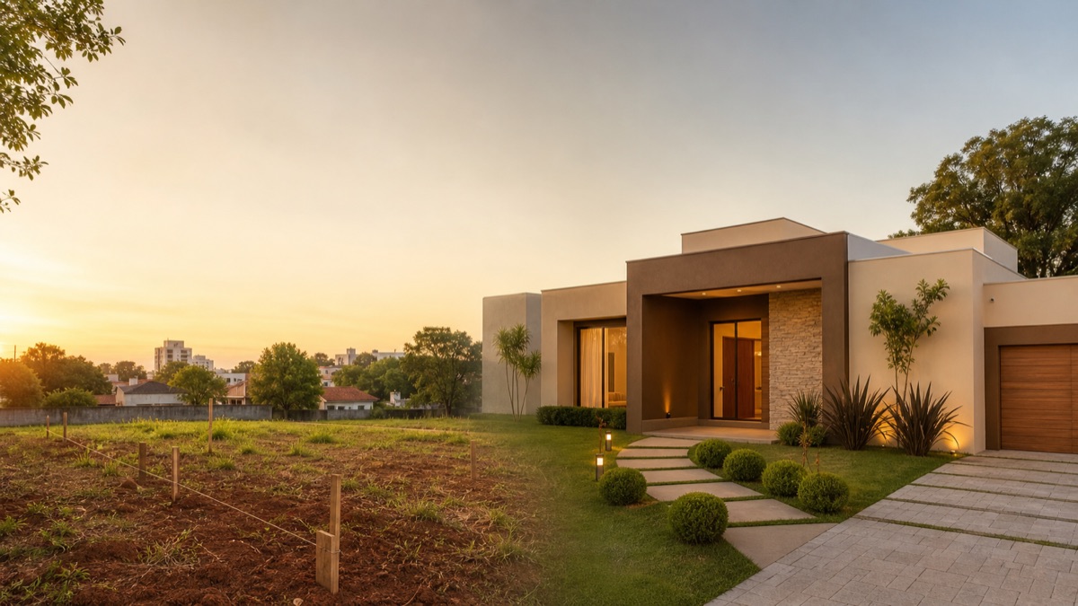 Composição dividida entre terreno demarcado e casa moderna pronta em Canoas.
