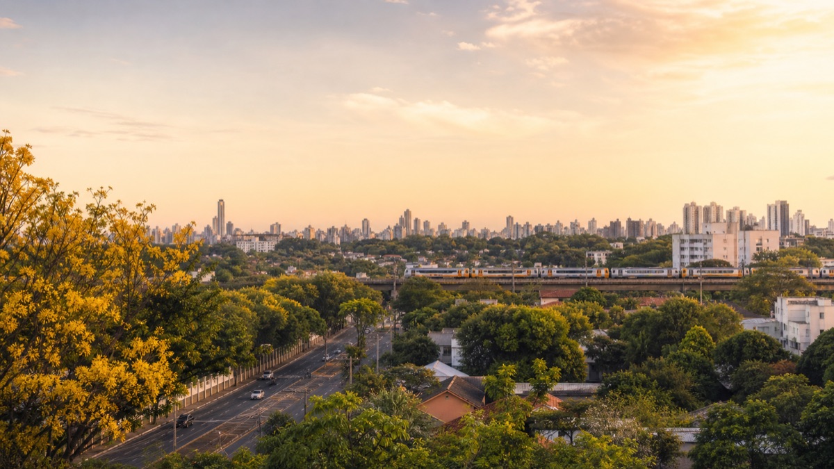 Vista urbana arborizada ao entardecer com trem metropolitano ao fundo.